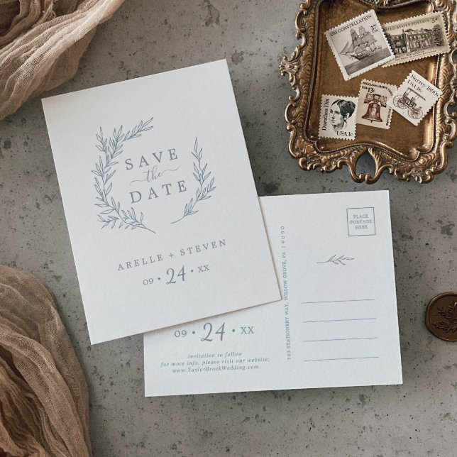 Minimal Leaf | Dusty Blue Save the Date Invitation Postcard (Creator Uploaded)