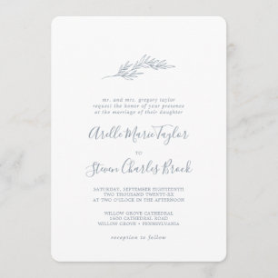 Minimal Leaf Dusty Blue Traditional Wedding Invitation