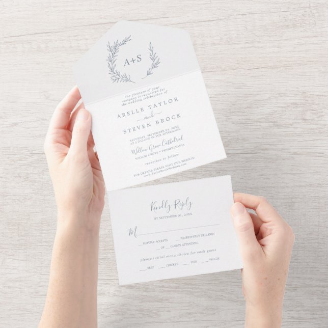 Minimal Leaf | Dusty Blue Wedding All In One Invitation (Tearaway)