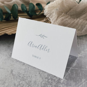 Minimal Leaf Dusty Blue Wedding Place Cards