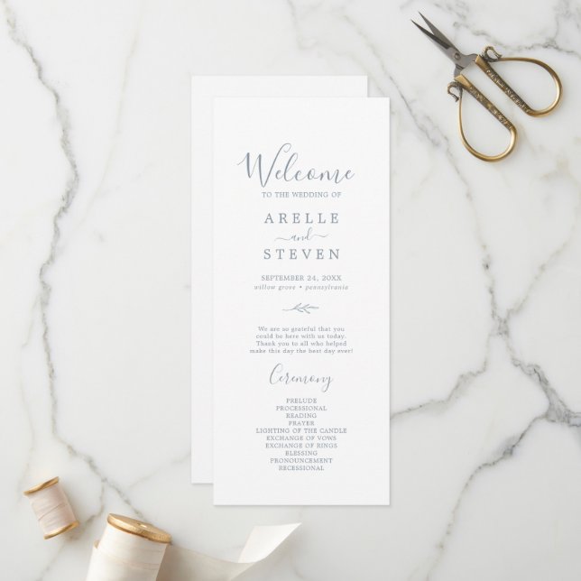 Minimal Leaf | Dusty Blue Wedding Program (Front/Back In Situ)