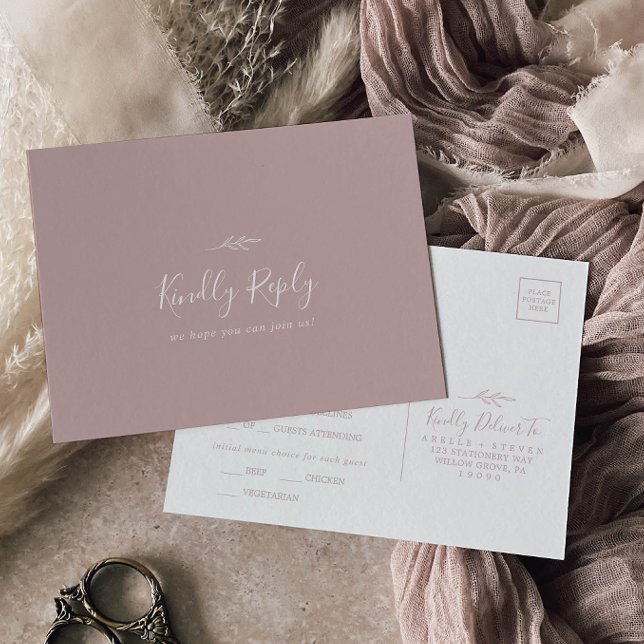 Minimal Leaf Dusty Rose Menu Choice RSVP Postcard (Creator Uploaded)