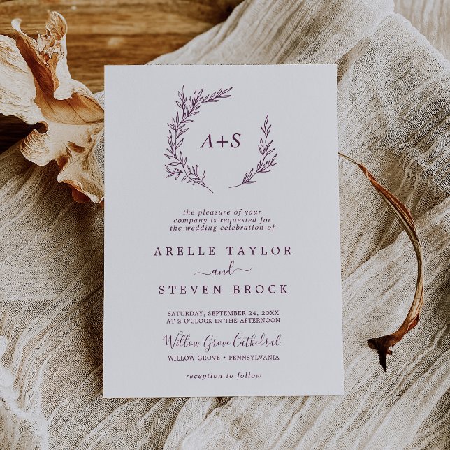 Minimal Leaf | Eggplant Formal Monogram Wedding Invitation (Creator Uploaded)