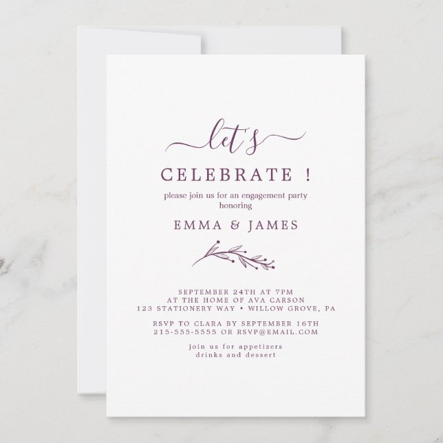 Minimal Leaf | Eggplant "Let's Celebrate"  Invitation (Front)