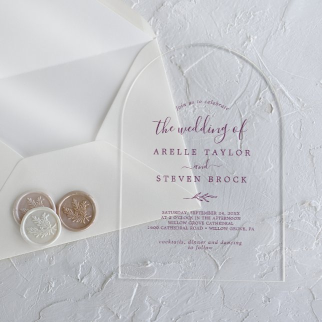 Minimal Leaf Eggplant Simple Botanical Wedding Acrylic Invitations (Minimal Leaf Eggplant Simple Botanical Wedding Acrylic Invitations)