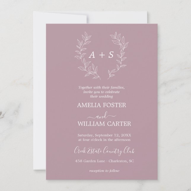 Minimal Leaf | Formal Monogram Wedding Invitation (Front)