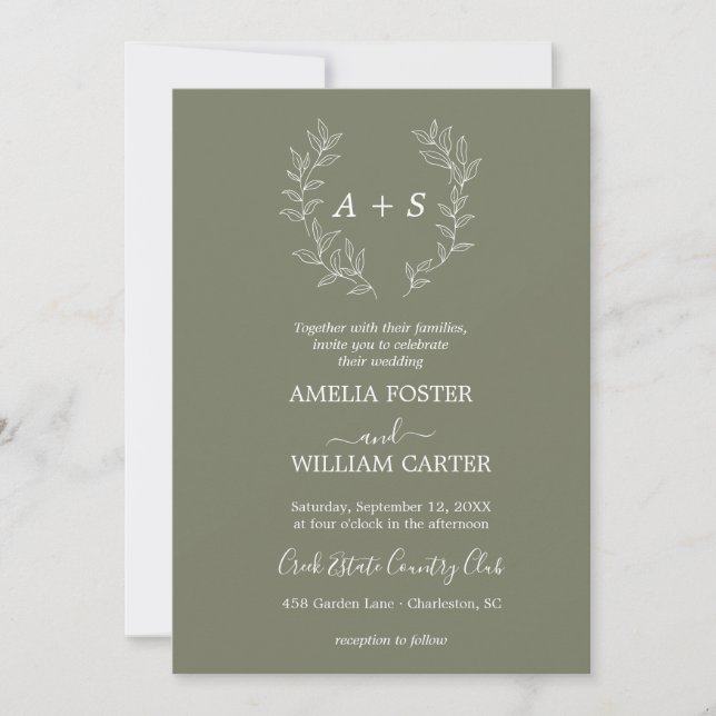 Minimal Leaf | Formal Monogram Wedding Invitation (Front)