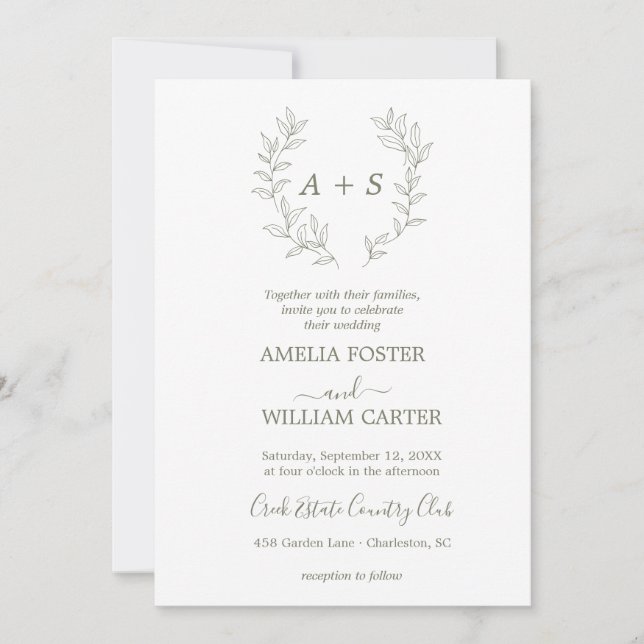 Minimal Leaf | Formal Monogram Wedding Invitation (Front)