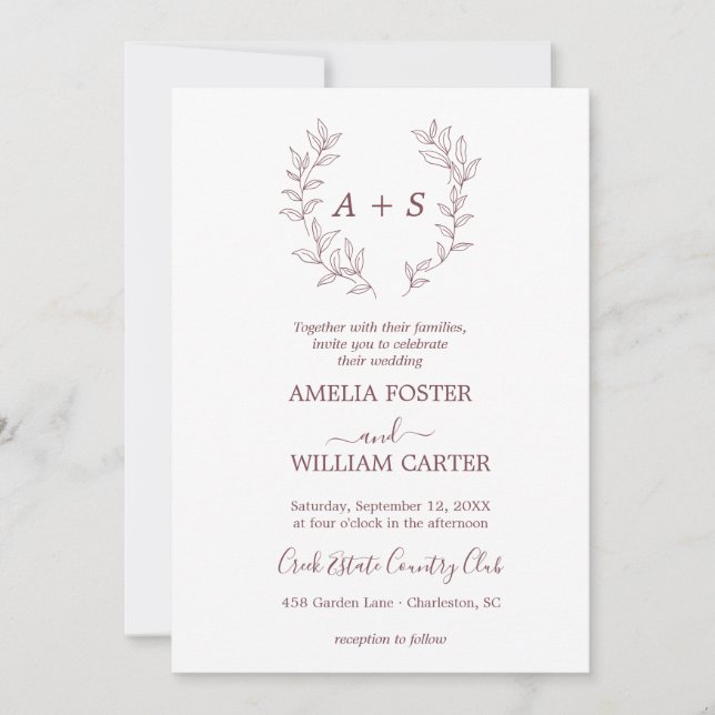 Minimal Leaf | Formal Monogram Wedding Invitation (Front)