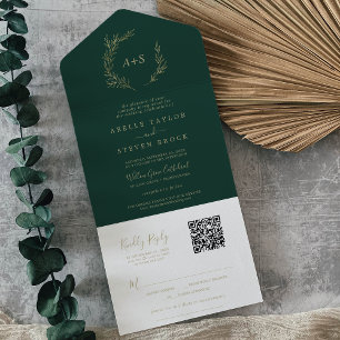 Minimal Leaf Gold and Emerald QR Code Wedding All In One Invitation