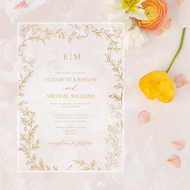 Minimal Leaf Gold Elegant Monogram Wedding Acrylic Invitations (Creator Uploaded)