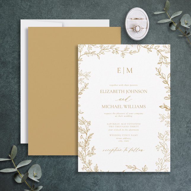 Minimal Leaf Gold Elegant Monogram Wedding Invitation (Creator Uploaded)