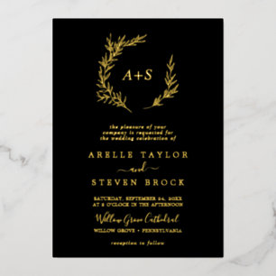 Minimal Leaf   Gold Foil Black Monogram Wedding