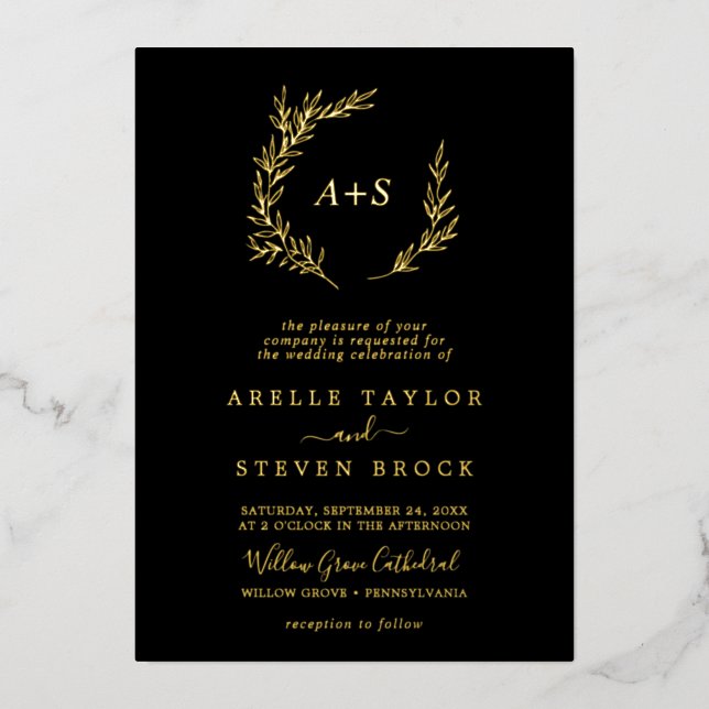 Minimal Leaf | Gold Foil Black Monogram Wedding (Front)