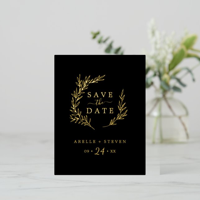 Minimal Leaf | Gold Foil Black Save the Date Foil Invitation Postcard (Standing Front)