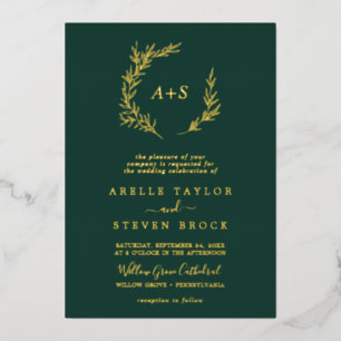 Minimal Leaf   Gold Foil Emerald Monogram Wedding