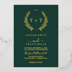 Minimal Leaf   Gold Foil Emerald Monogram Wedding 