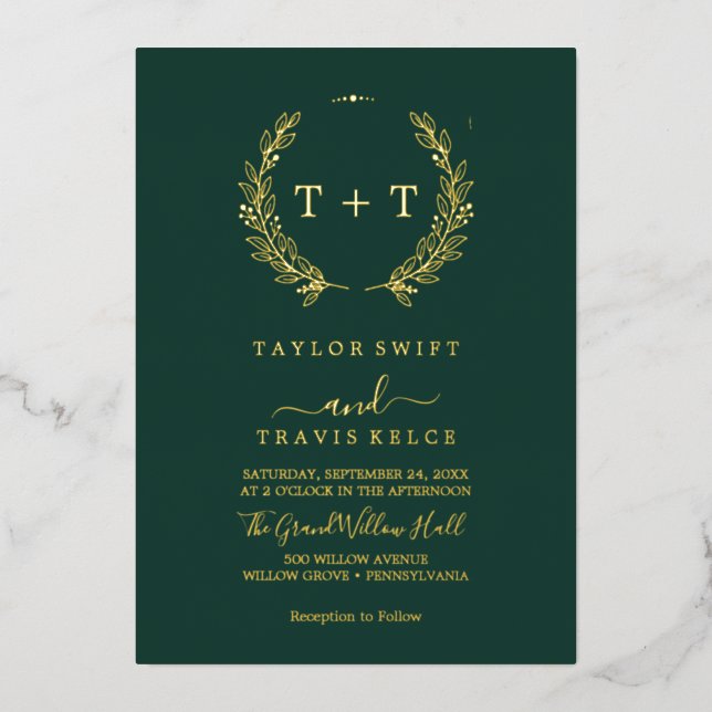 Minimal Leaf | Gold Foil Emerald Monogram Wedding  (Front)