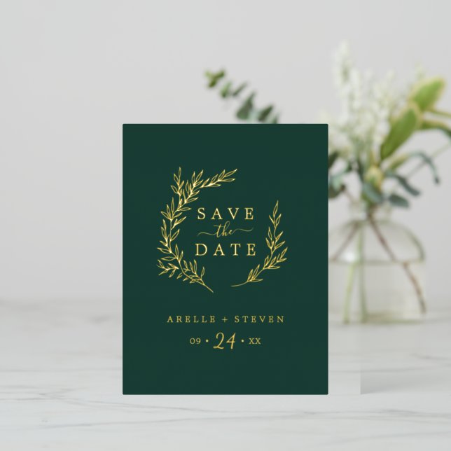 Minimal Leaf | Gold Foil Emerald Save the Date Foil Invitation Postcard (Standing Front)