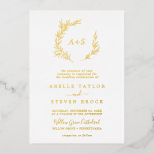 Minimal Leaf   Gold Foil Formal Monogram Wedding