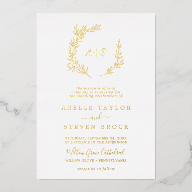 Minimal Leaf | Gold Foil Formal Monogram Wedding (Front)