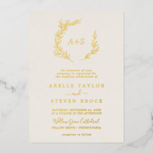 Minimal Leaf   Gold Foil Ivory Monogram Wedding Fo
