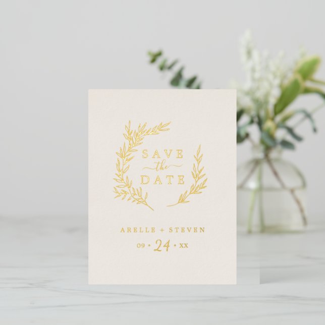 Minimal Leaf | Gold Foil Ivory Save the Date Foil Invitation Postcard (Standing Front)