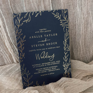 Minimal Leaf Gold Foil Navy Blue Frame Wedding