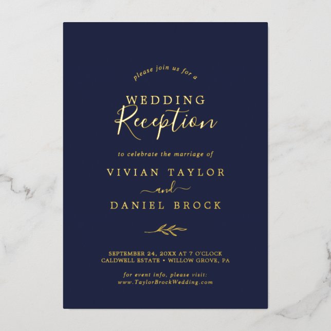 Minimal Leaf | Gold Foil Navy Wedding Reception (Front)