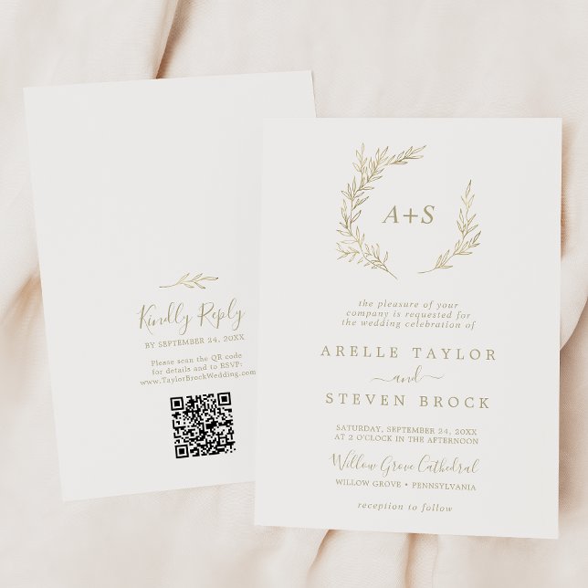 Minimal Leaf | Gold Monogram QR Code Wedding Invitation (Creator Uploaded)