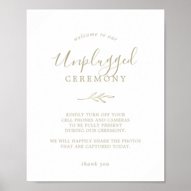 Minimal Leaf | Gold Unplugged Ceremony Sign (Front)