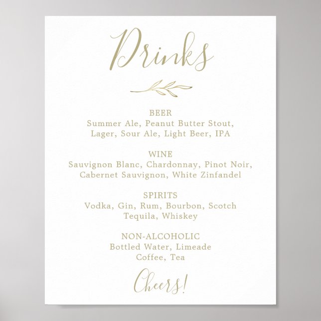 Minimal Leaf | Gold Wedding Drinks Menu Sign (Front)