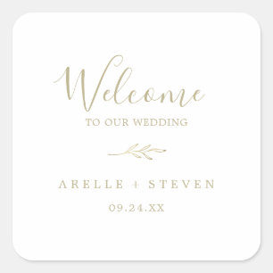Minimal Leaf   Gold Wedding Welcome Square Sticker