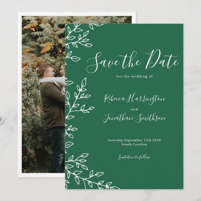 Minimal Leaf Green Wedding Save The Date Invitation (Front/Back)