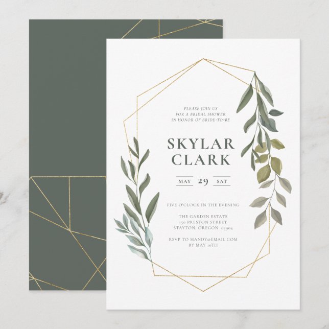 Minimal Leaf Greenery & Gold Geometric Terrarium Invitation (Front/Back)