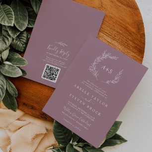 Minimal Leaf   Mauve Monogram QR Code Wedding Invitation