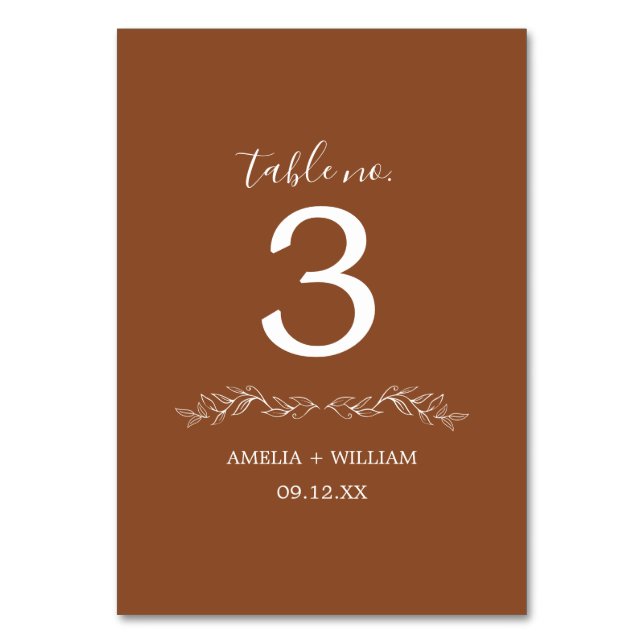 Minimal Leaf Monogram Wedding Table Number Card (Back)