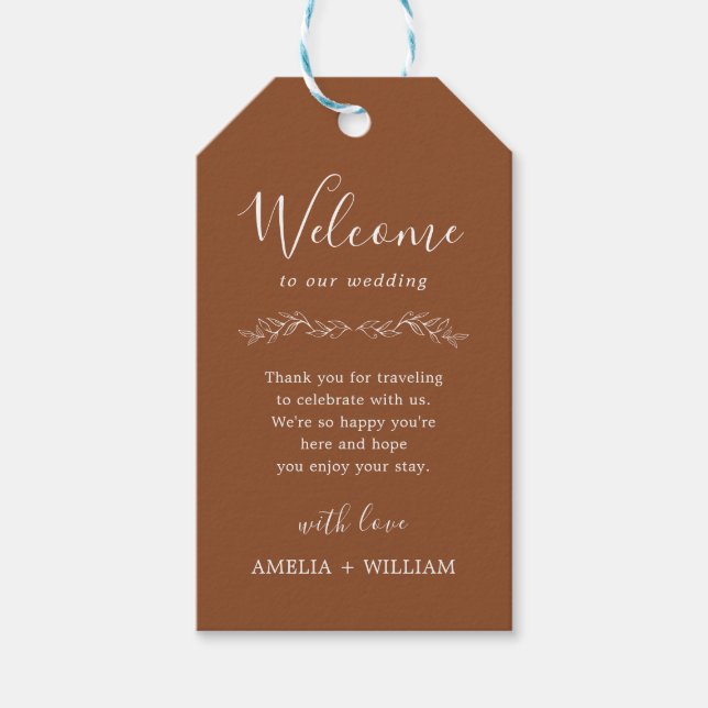 Minimal Leaf Monogram Wedding Welcome Gift Tag (Front)