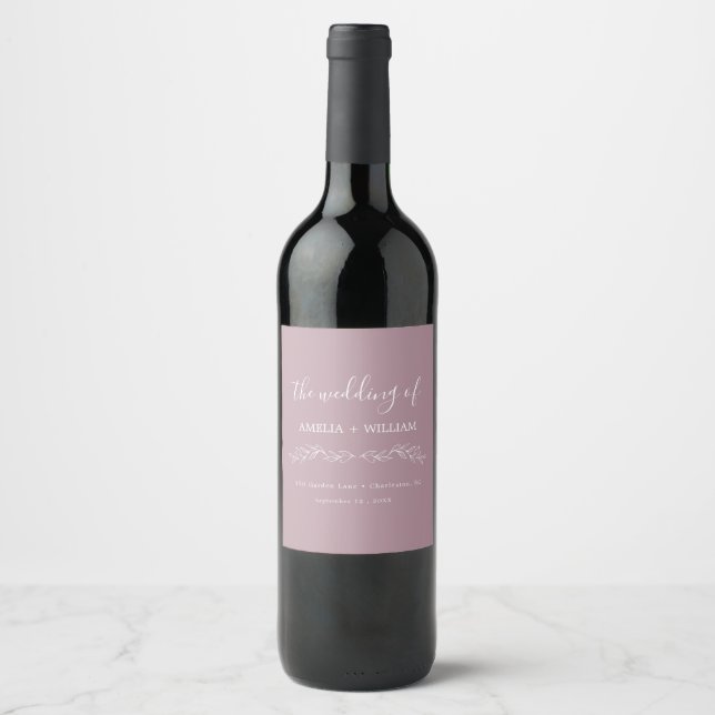 Minimal Leaf Monogram Wedding Wine Bottle Label (Front)