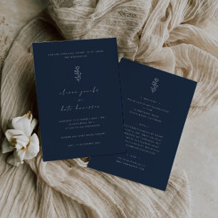 Minimal Leaf Navy Blue Front & Back Wedding Invitation