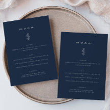 Minimal Leaf Navy Blue Wedding Dinner Flat Menu