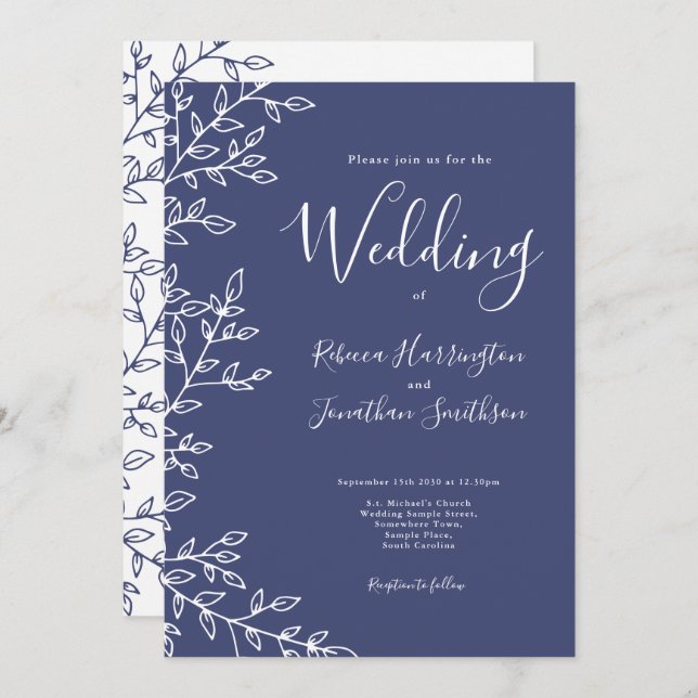 Minimal Leaf Navy Blue Wedding Invitation (Front/Back)