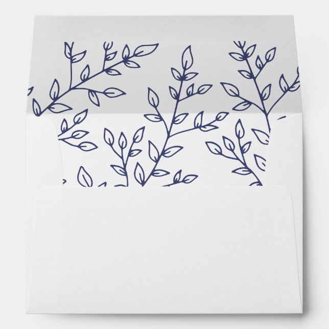 Minimal Leaf Navy Blue White Wedding Envelope (Back (Bottom))