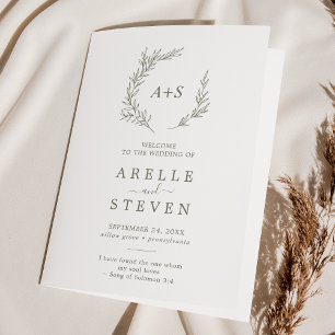 Minimal Leaf Olive Green Folded Wedding Program