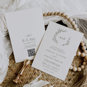 Minimal Leaf Olive Green Monogram QR Code Wedding Invitation