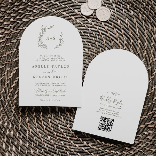 Minimal Leaf Olive Green QR Code Boho Arch Wedding Invitation (Minimal Leaf Olive Green QR Code Boho Arch Wedding Invitation)
