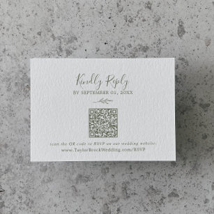 Minimal Leaf   Olive Green QR Code Wedding RSVP Enclosure Card