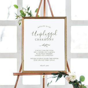 Minimal Leaf Olive Green Unplugged Ceremony Sign