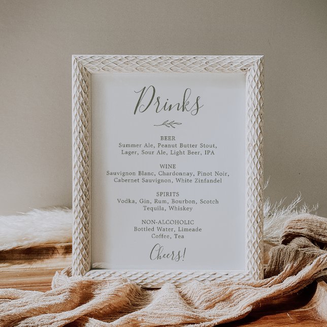 Minimal Leaf | Olive Green Wedding Drink Menu Sign (Creator Uploaded)