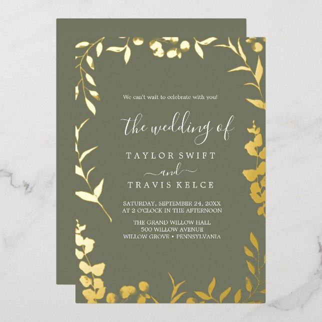 Minimal Leaf Plum Purple and Gold Foil Wedding  (Front/Back)